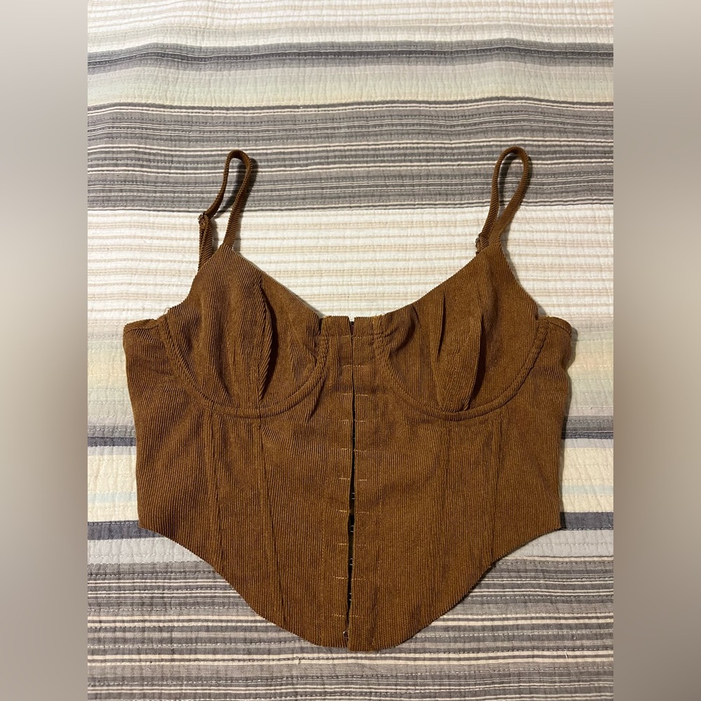 Edikted Brown Ribbed Corset Crop Top